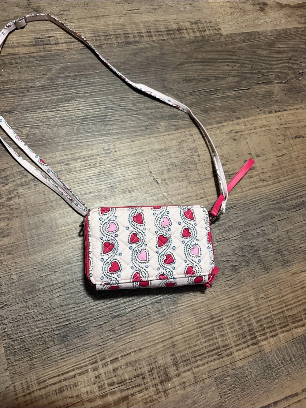Stitched Heart Vines Print Crossbody Bag in Pink and Cream